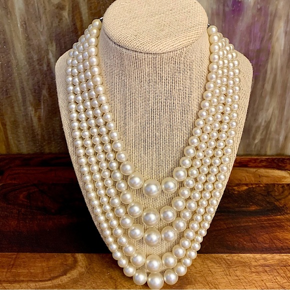 Vintage 5 Strand Multi Strand Graduated Faux Pearl Collar Necklace - Picture 1 of 12